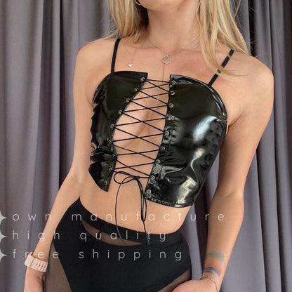 Latex & Mesh Corset Lace Up Top