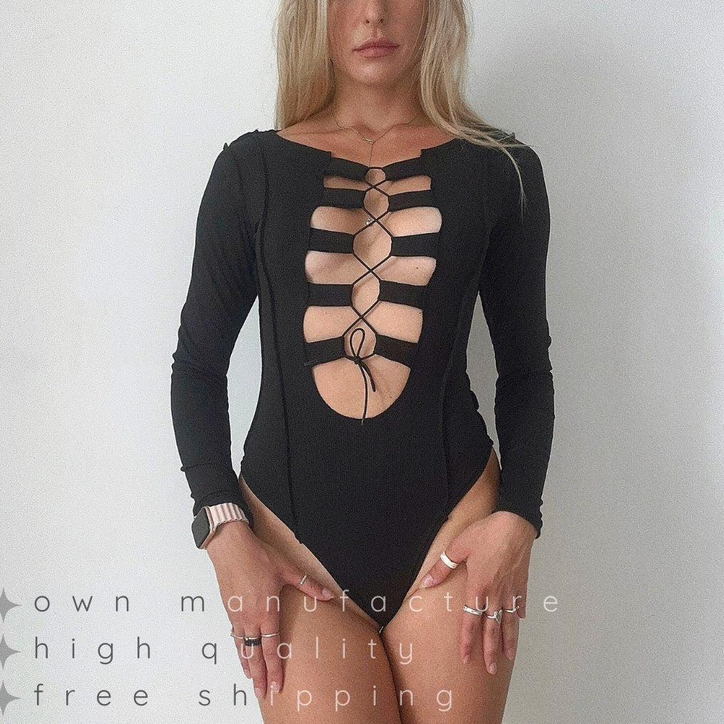 Black Ribbed Lace Up Bodysuit