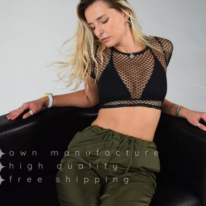 Black Large Net Mesh Crop Top