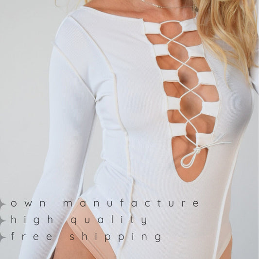 White Lace Up Bodysuit