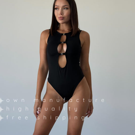 Black Deep Cut Bodysuit with Clasp