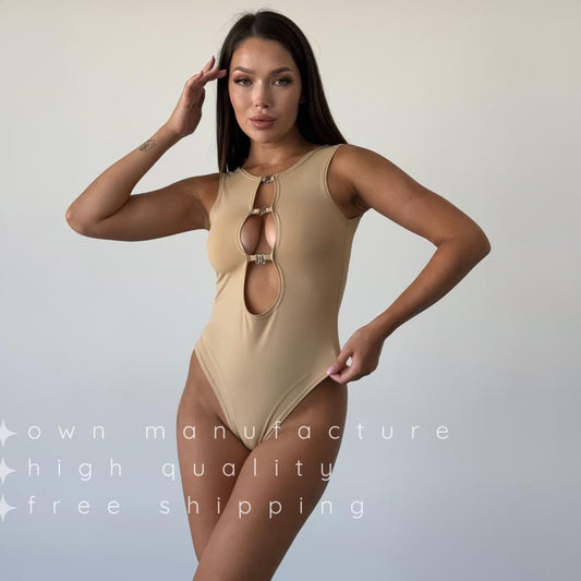 Beige Decollete Bodysuit with Clasp