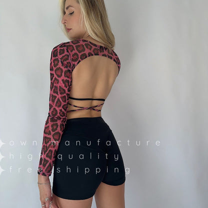 Pink Leopard Mesh Open Back Crop Top
