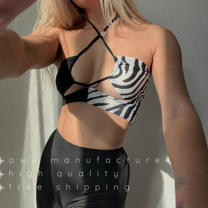 Black & Zebra Tie Front Top