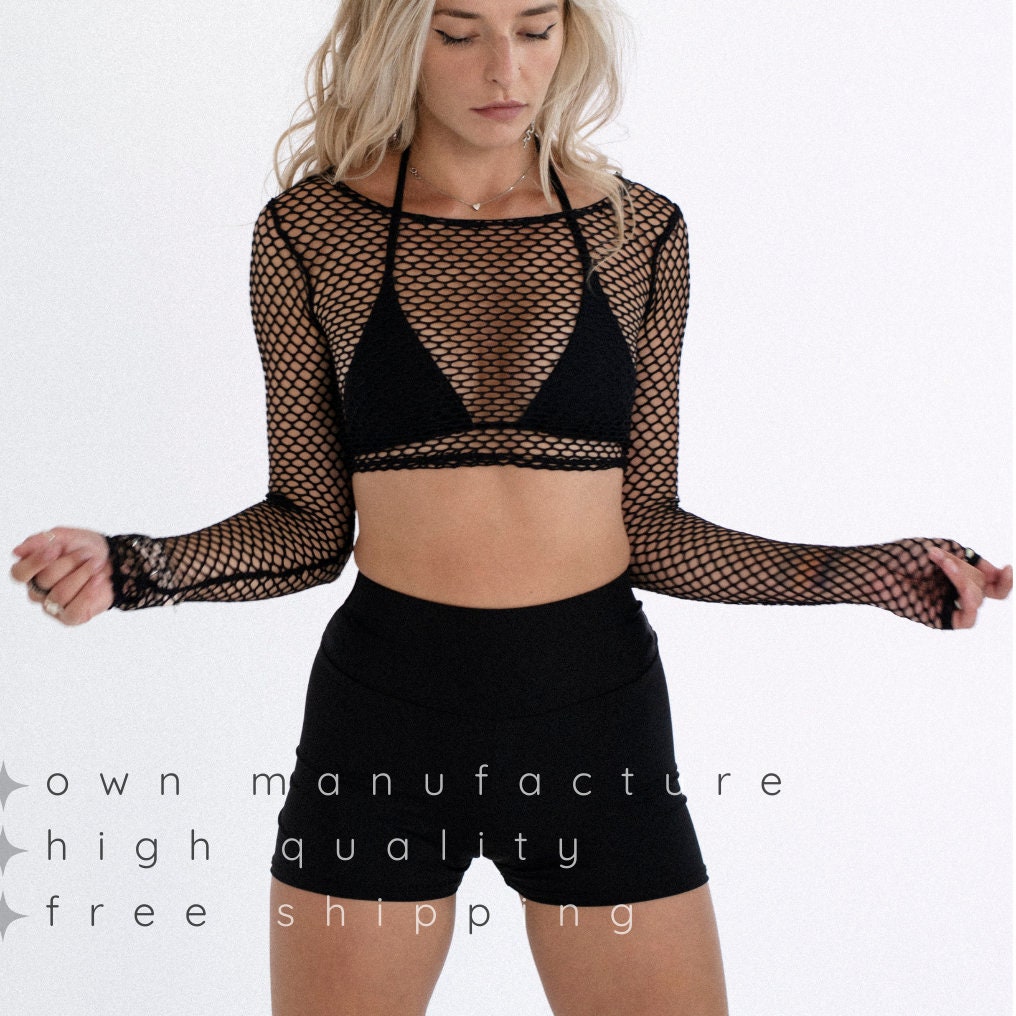Black Mesh Crew Neck Crop Top