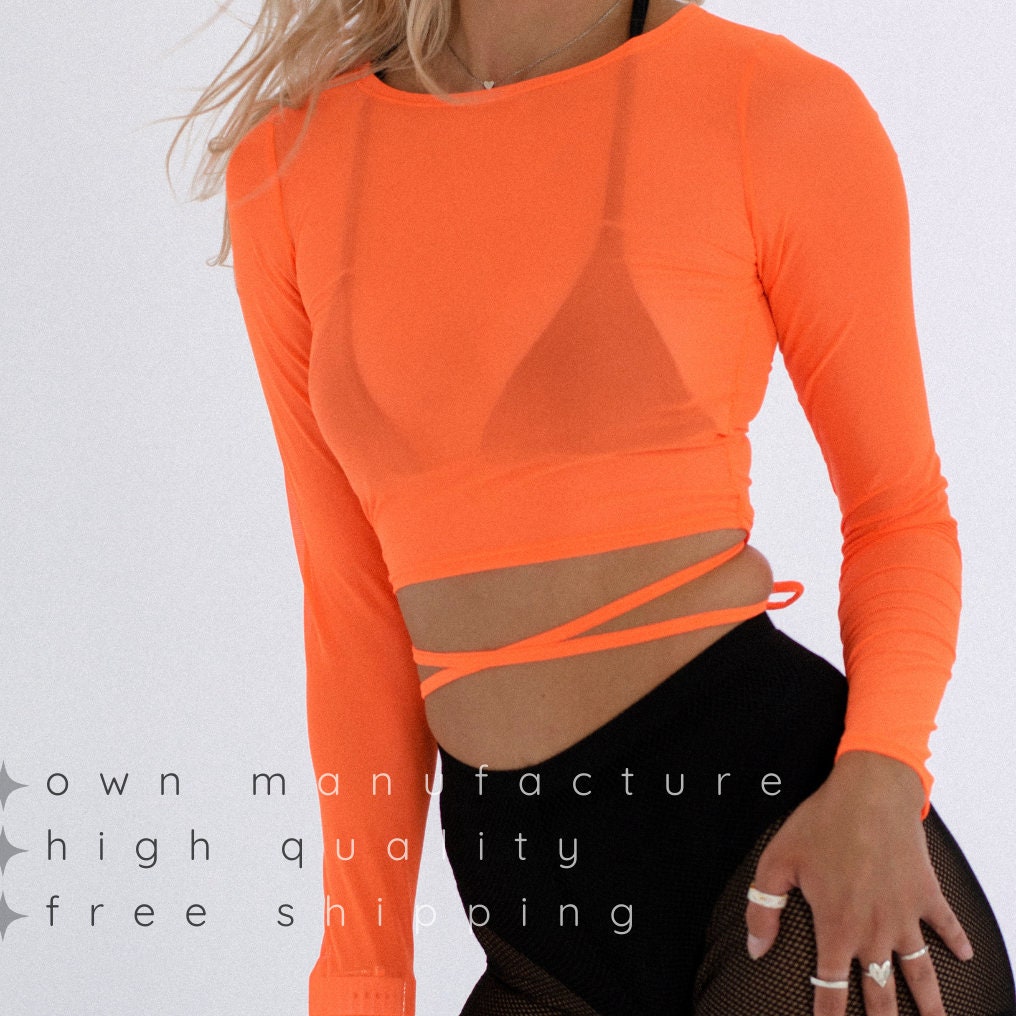 Neon Orange Mesh Tie Crop Top