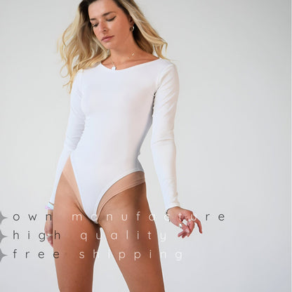 White Ribbed Long Sleeve Bodysuit