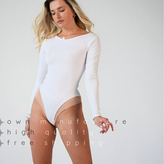 White Ribbed Long Sleeve Bodysuit