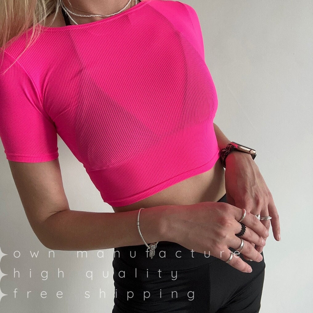 Hot Pink Mesh Short Sleeve Crop Top
