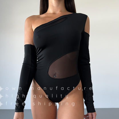 Black Matte Bodysuit with Wave Mesh Panels