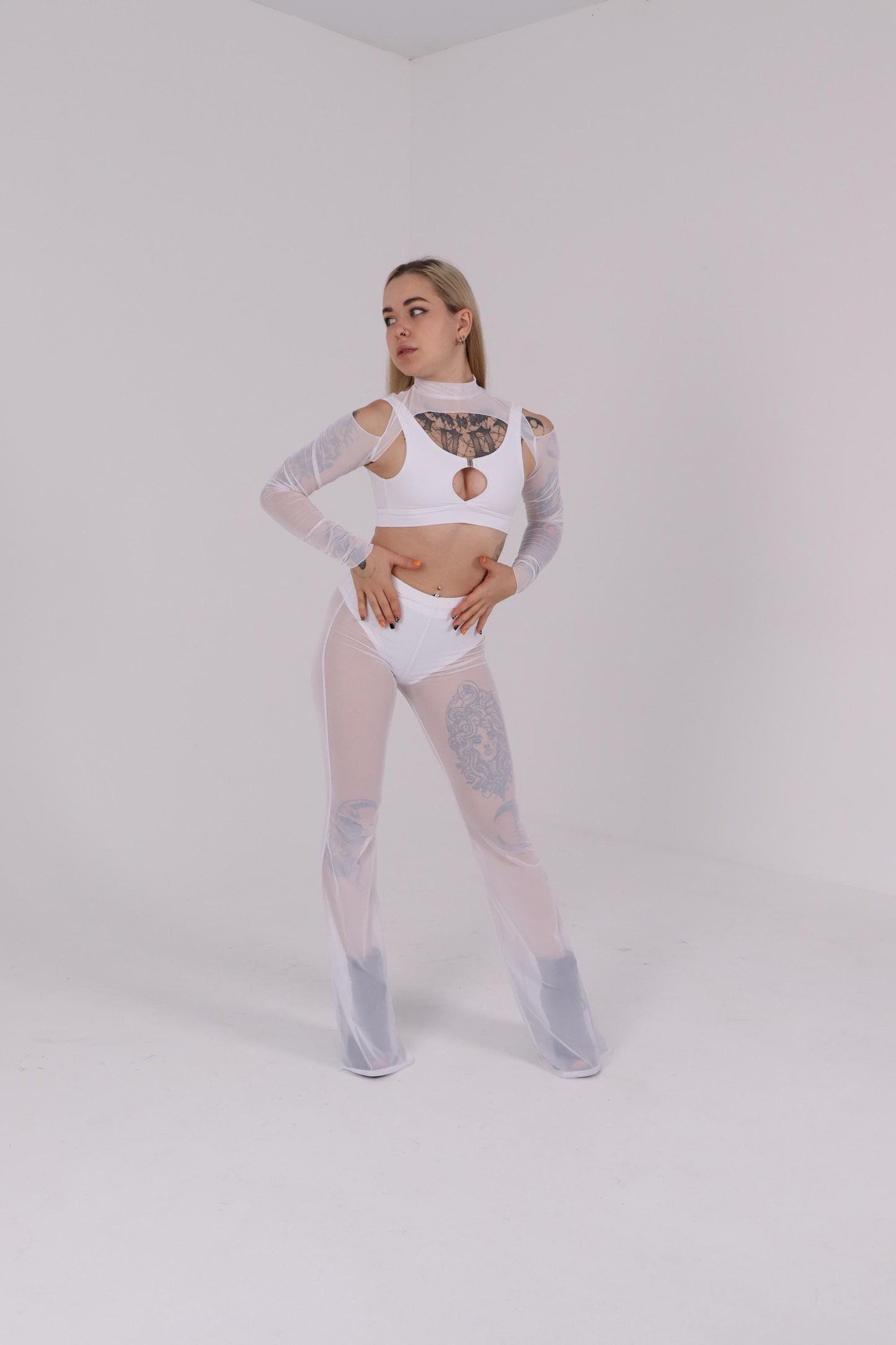 White Mesh Flared Pants