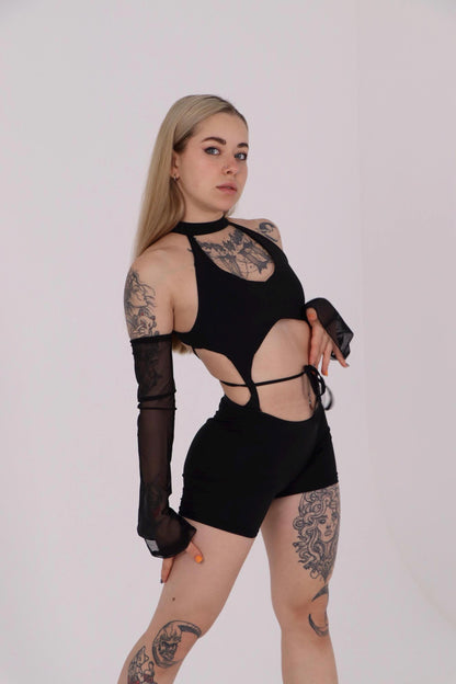 Black Rave Backless Jumpsuit with Mesh Sleeves
