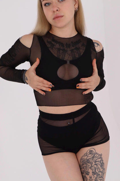 Black Mesh Long Sleeve Crop Top