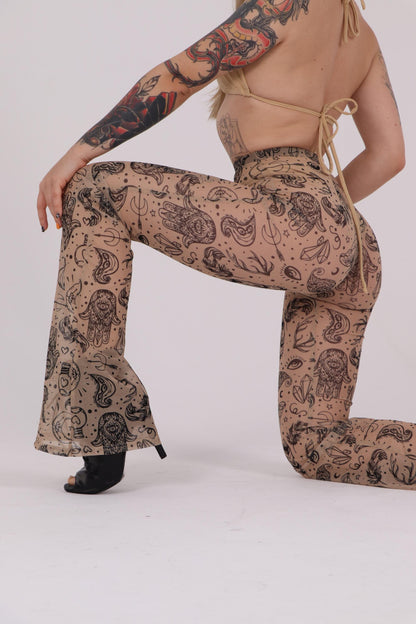 Beige Tattoo Mesh Flared Pants