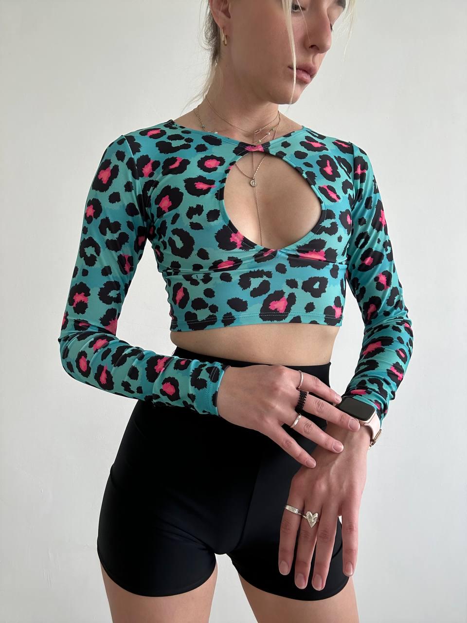 Blue Leopard Print Cut Out Crop Top