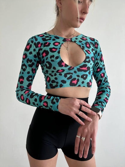 Blue Leopard Print Cut Out Crop Top