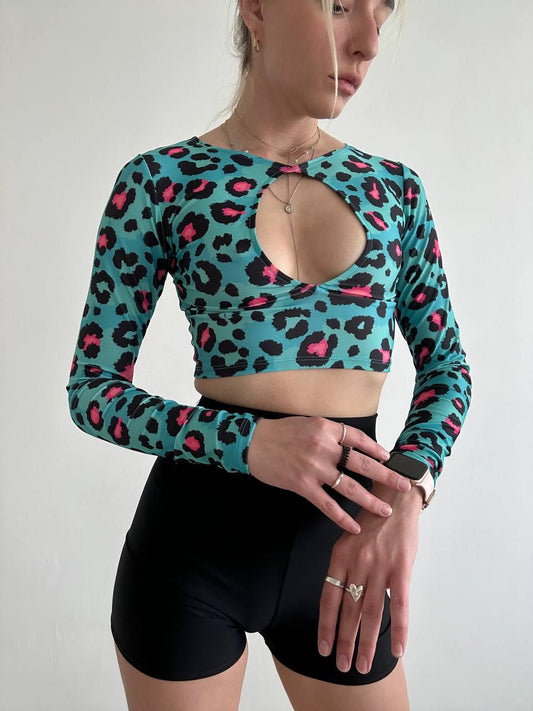 Blue Leopard Print Cut Out Crop Top