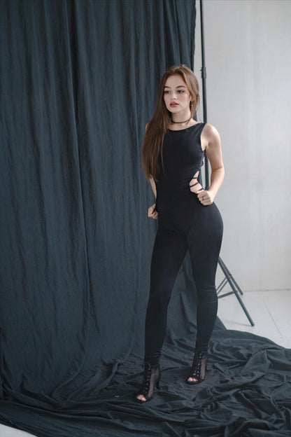 Black Sleeveless Stretch Leggins Backless Catsuit