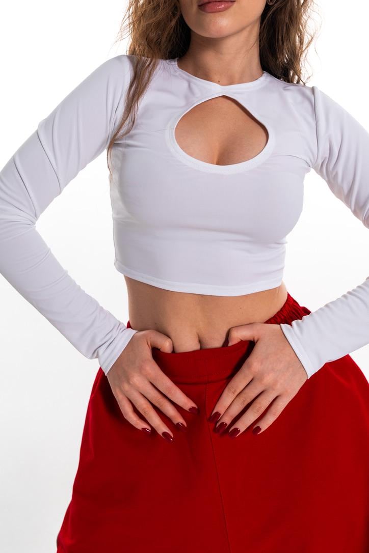 White Keyhole Long Sleeve Crop Top