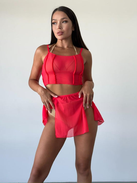 Red Sheer Mesh Mini Skirt